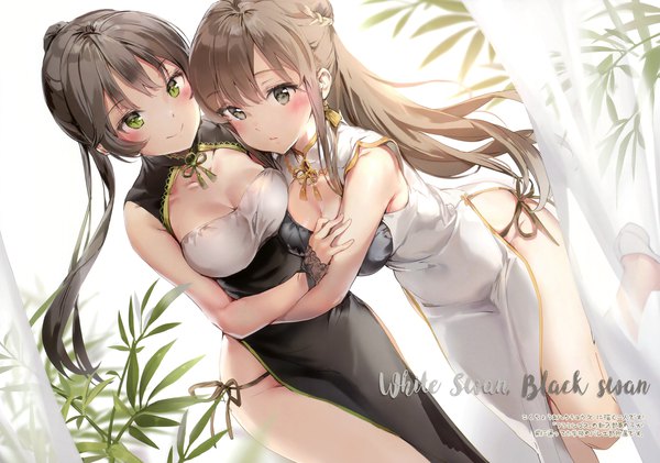 Anime-Bild 5519x3875 mit original anmi long hair looking at viewer blush fringe highres breasts light erotic black hair smile brown hair standing multiple girls green eyes absurdres cleavage ponytail traditional clothes scan