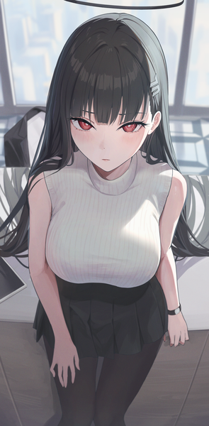 Anime-Bild 1894x3849 mit blue archive rio (blue archive) tem (tempainting1) single long hair tall image looking at viewer blush fringe highres breasts black hair red eyes standing indoors blunt bangs pleated skirt from above sleeveless thigh gap