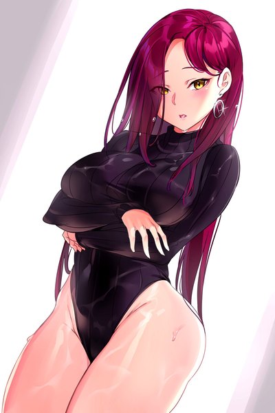 Anime picture 1200x1800 with love live! sunshine!! sunrise (studio) love live! sakurauchi riko tem10 single long hair tall image looking at viewer blush fringe breasts open mouth light erotic simple background large breasts standing white background yellow eyes red hair