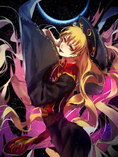 Anime picture 1200x1600 with touhou junko (touhou) tian (my dear) single tall image looking at viewer blonde hair hair between eyes red eyes very long hair traditional clothes from above wide sleeves lipstick chinese clothes red lipstick arched back eclipse girl headdress