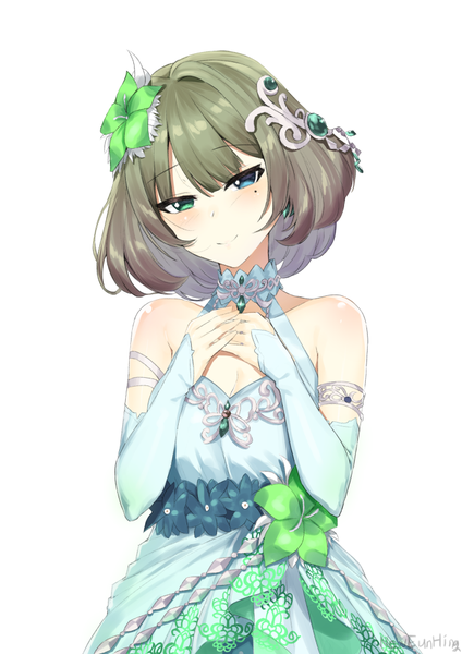 Anime picture 707x1000 with idolmaster idolmaster cinderella girls idolmaster cinderella girls starlight stage takagaki kaede 714 (leg200kr) single tall image looking at viewer blush short hair simple background smile brown hair white background signed upper body mole mole under eye heterochromia night wind's temptation