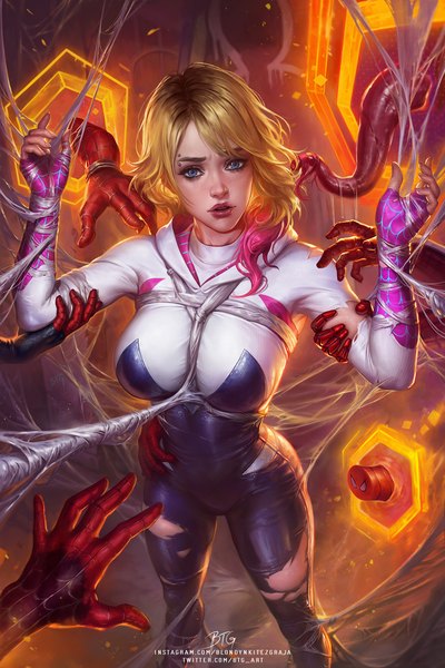 Anime picture 1335x2000 with marvel comics spider-gwen blondynkitezgraja long hair tall image breasts blue eyes light erotic blonde hair standing signed pink hair parted lips multicolored hair realistic arms up two-tone hair piercing torn clothes bound hands