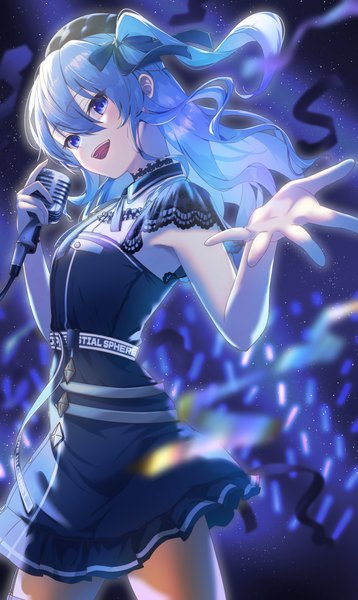 Anime picture 2894x4846 with virtual youtuber hololive hoshimachi suisei hoshimachi suisei (3rd costume) nisi ki no single long hair tall image looking at viewer fringe highres open mouth blue eyes hair between eyes blue hair :d one side up official alternate costume girl pantyhose