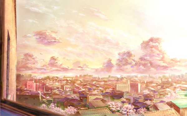 Anime picture 1352x840 with original he (artist) wide image sky cloud (clouds) cherry blossoms cityscape building (buildings)