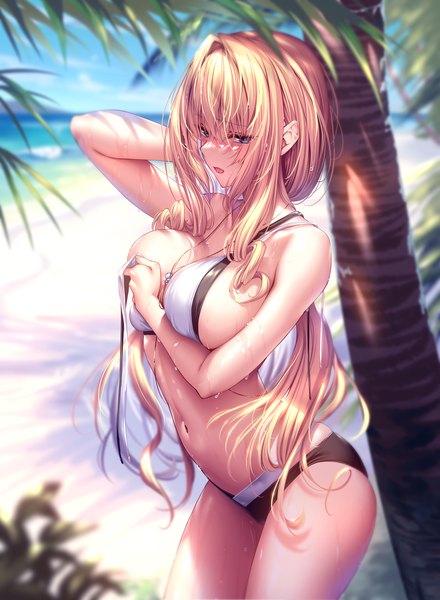 Anime picture 2838x3872 with hanikami kanojo shoudou erena piromizu single long hair tall image looking at viewer blush fringe highres breasts open mouth blue eyes light erotic blonde hair hair between eyes large breasts sky arm up blurry