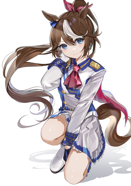 Anime picture 2039x2894 with umamusume tokai teio (umamusume) mikanoisi single long hair tall image looking at viewer highres blue eyes simple background smile brown hair white background animal ears ponytail tail head tilt animal tail multicolored hair shadow