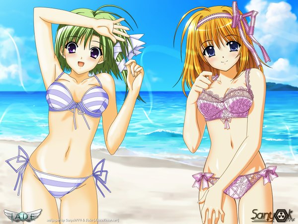 Anime picture 1600x1200 with shuffle! fuyou kaede shigure asa suzuhira hiro nishimata aoi sanyok774 jade517 looking at viewer breasts open mouth blue eyes light erotic blonde hair smile large breasts purple eyes multiple girls signed sky green hair