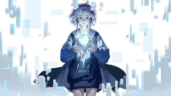 Anime picture 4330x2436 with forever 7th capital seraphim (forever 7th capital) zhao (artist) single looking at viewer highres short hair blue eyes simple background wide image white background absurdres silver hair open jacket floating hair girl jacket headphones cube