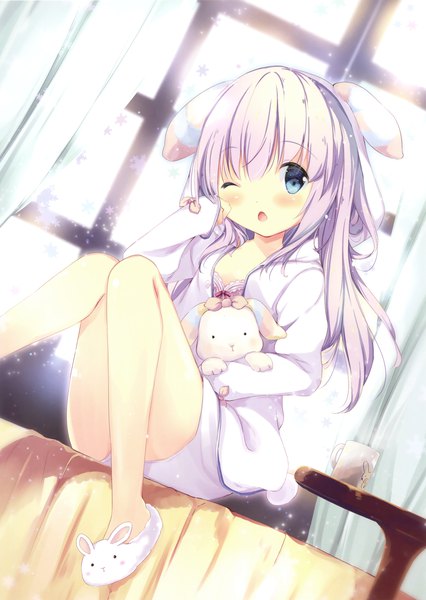 Anime picture 2485x3500 with original suihi single long hair tall image looking at viewer blush highres open mouth blue eyes sitting purple hair one eye closed scan official art girl toy stuffed animal stuffed toy