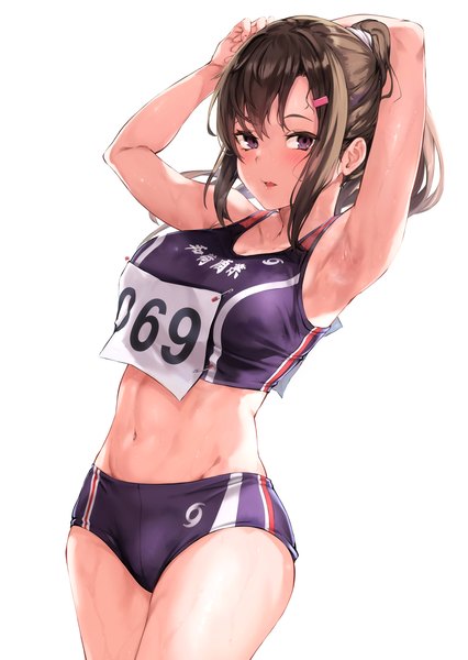 Anime picture 2892x4076 with original maki (maki pei) single long hair tall image looking at viewer blush fringe highres breasts open mouth light erotic simple background brown hair standing white background purple eyes payot ponytail arms up