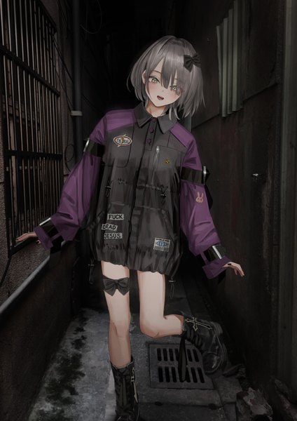 Anime picture 3458x4892 with original nadegata single tall image looking at viewer fringe highres short hair open mouth smile hair between eyes standing green eyes absurdres outdoors long sleeves nail polish head tilt grey hair text