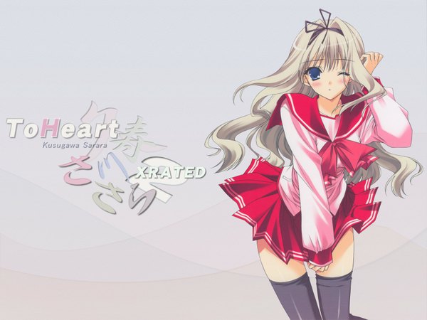 Anime picture 1600x1200 with to heart 2 leaf (studio) kusugawa sasara suzuhira hiro single long hair looking at viewer blush fringe blue eyes blonde hair simple background standing parted lips one eye closed arm up grey background copyright name wavy hair girl