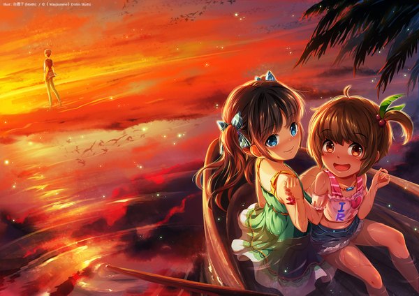 Anime picture 1600x1131 with original 1991 (blz) long hair looking at viewer blush short hair open mouth blue eyes black hair smile red eyes sitting twintails multiple girls loli evening sunset girl boy bow