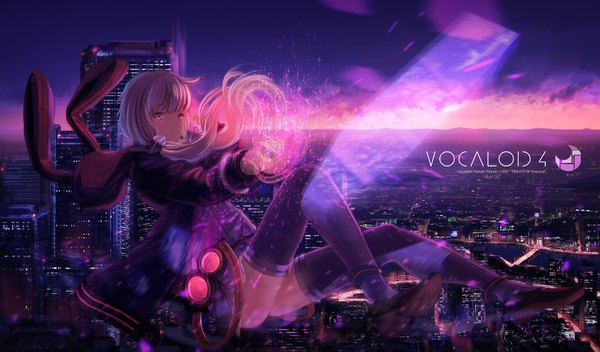 Anime picture 2000x1175 with vocaloid yuzuki yukari inabi single long hair looking at viewer fringe highres smile wide image purple eyes twintails signed animal ears sky purple hair cloud (clouds) full body ahoge bent knee (knees)