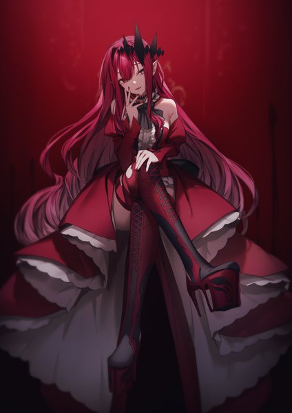 Anime picture 1400x1980 with fate (series) fate/grand order baobhan sith (fate) kyouya (mukuro238) single long hair tall image looking at viewer fringe open mouth simple background hair between eyes sitting bare shoulders red hair nail polish head tilt pointy ears grey eyes high heels