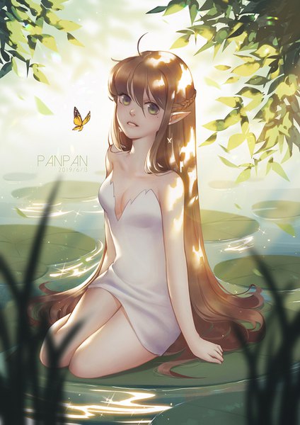 Anime picture 1000x1415 with original panpanmeiyou hp single tall image looking at viewer fringe hair between eyes brown hair sitting brown eyes cleavage full body ahoge outdoors very long hair parted lips pointy ears mole mole under eye elf