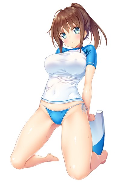 Anime picture 849x1200 with original ichi makoto single long hair tall image blush breasts blue eyes light erotic simple background brown hair large breasts white background ponytail erect nipples covered nipples girl underwear panties