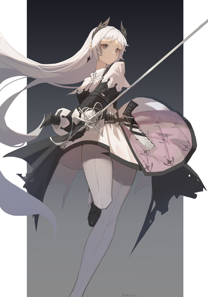Anime picture 4200x6000 with arknights irene (arknights) wjx724888319 single long hair tall image highres standing looking away absurdres silver hair grey eyes standing on one leg outside border pillarboxed girl dress gloves weapon earrings