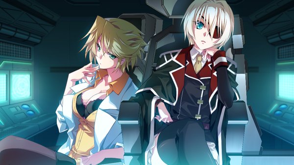 Anime picture 1024x576 with zero infinity short hair blue eyes blonde hair wide image multiple girls green eyes game cg white hair girl thighhighs black thighhighs 2 girls eyepatch labcoat