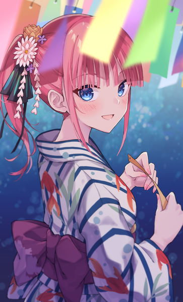 Anime picture 1200x1986 with go-toubun no hanayome nakano nino profnote single long hair tall image looking at viewer blush open mouth blue eyes payot pink hair ponytail traditional clothes :d japanese clothes animal print fish print tanabata girl