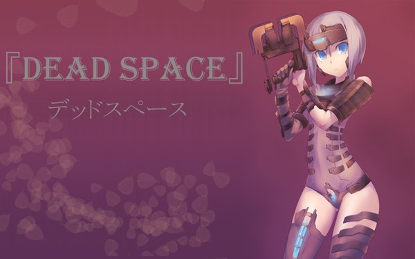 Anime picture 1440x900 with dead space short hair blue eyes wide image standing purple hair hieroglyph flat chest pink background girl weapon armor gun bodysuit helmet