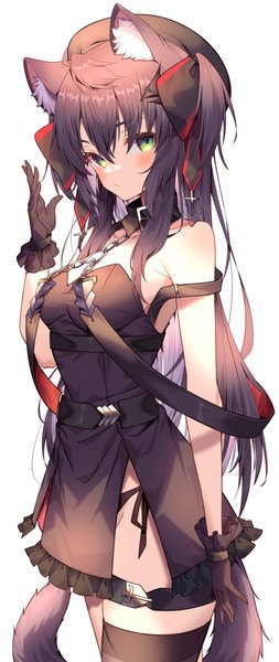 Anime picture 1900x4500 with original jun (aousa0328) single long hair tall image looking at viewer blush fringe highres breasts light erotic black hair simple background hair between eyes standing white background bare shoulders green eyes animal ears tail