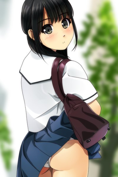 Anime picture 800x1200 with original matsunaga kouyou single long hair tall image looking at viewer light erotic black hair ass looking back black eyes pantyshot skirt lift girl skirt uniform underwear panties serafuku school bag