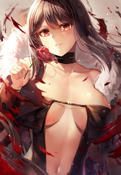 Anime picture 1000x1440 with fate (series) fate/grand order yu mei-ren (fate) motokonut single long hair tall image looking at viewer blush fringe breasts light erotic hair between eyes brown hair large breasts bare shoulders holding brown eyes upper body parted lips