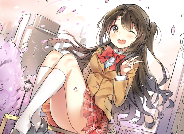 Anime picture 1025x747 with idolmaster idolmaster cinderella girls shimamura uzuki yuran (cozyquilt) single long hair looking at viewer blush open mouth brown hair sitting brown eyes bent knee (knees) pleated skirt one eye closed wink one side up plaid skirt victory legs up