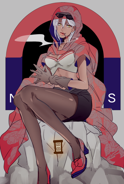 Anime picture 750x1114 with jojo no kimyou na bouken mariah bast (stand) takashi (huzakenna) single tall image short hair sitting yellow eyes cleavage grey hair smoke smoking stand (jojo) girl gloves pantyhose elbow gloves cape cigarette