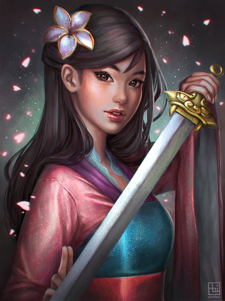 イラスト 747x1000 と mulan ディズニー hua mulan abigail diaz ソロ 長髪 長身像 カメラ目線 赤面 前髪 simple background 茶目 signed upper body long sleeves traditional clothes parted lips hair flower lips realistic