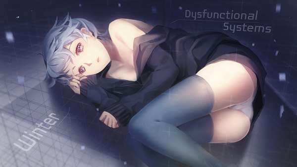 Anime picture 1000x563 with dysfunctional systems winter harrison weee (raemz) single short hair light erotic red eyes wide image silver hair ass girl thighhighs underwear panties black thighhighs sweater