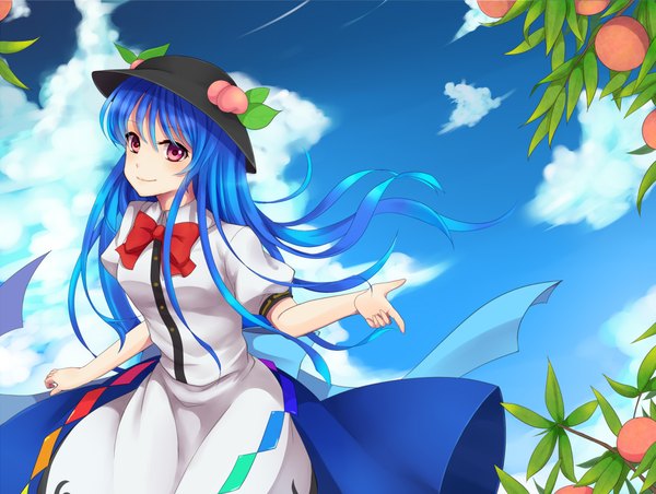 Anime picture 2095x1580 with touhou hinanawi tenshi furapechi (artist) single long hair highres red eyes blue hair cloud (clouds) girl dress hat bowtie