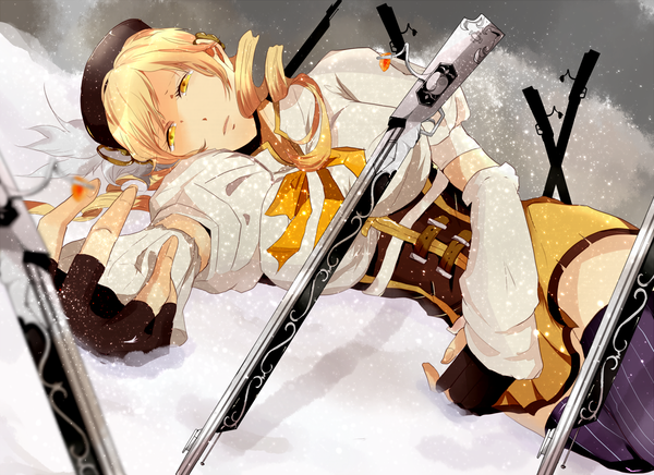 Anime picture 1200x872 with mahou shoujo madoka magica shaft (studio) tomoe mami single blonde hair yellow eyes lying dutch angle drill hair snowing winter snow girl gloves ribbon (ribbons) weapon hat fingerless gloves rifle