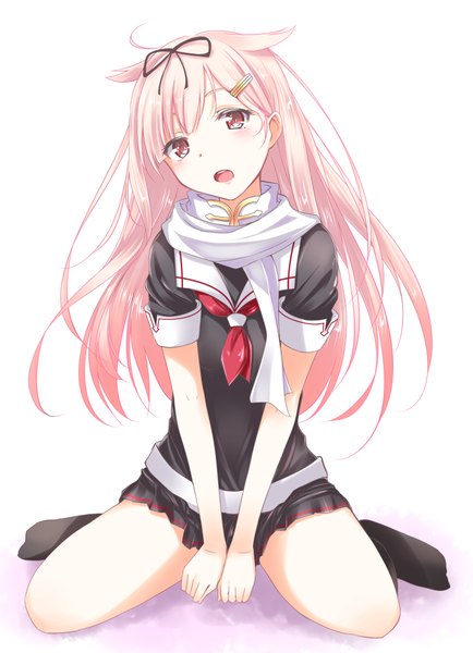 Anime picture 724x1000 with kantai collection yuudachi destroyer yuki (sangeki5806) single long hair tall image looking at viewer simple background white background sitting pink hair pink eyes no shoes kneeling remodel (kantai collection) girl hair ornament socks hairclip scarf