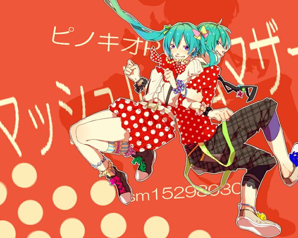 Anime picture 1000x800 with vocaloid hatsune miku hatsune mikuo saikawa long hair looking at viewer blush short hair blue eyes smile twintails ahoge profile multicolored hair green hair aqua hair inscription couple hieroglyph polka dot