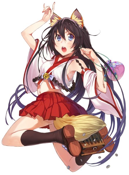Anime picture 700x953 with original shirabi harunoibuki single tall image looking at viewer fringe open mouth blue eyes light erotic black hair simple background hair between eyes white background bare shoulders holding animal ears bent knee (knees) ass tail