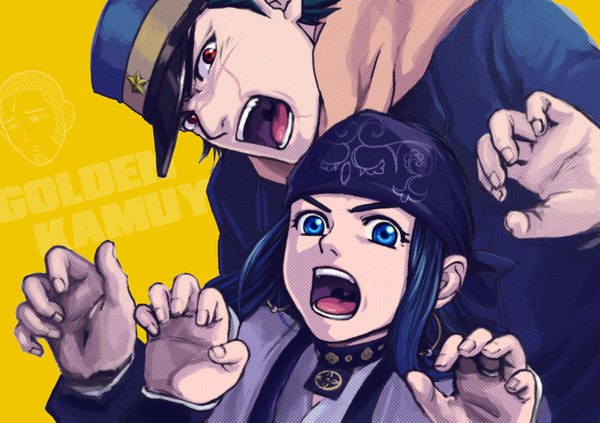 Anime picture 842x595 with golden kamuy asirpa sugimoto saichi shiraishi yoshitake 3459ym long hair looking at viewer short hair open mouth blue eyes red eyes blue hair traditional clothes copyright name scar yellow background ainu clothes girl boy uniform