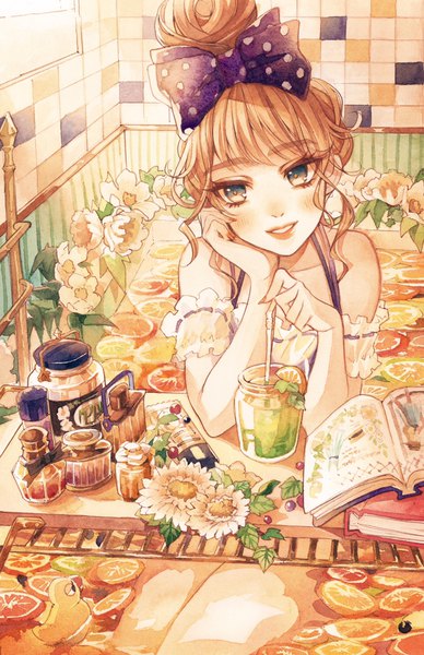Anime picture 750x1158 with original remon (10112) single tall image blush brown hair payot looking away indoors nail polish parted lips hair bun (hair buns) lipstick chin rest traditional media watercolor (medium) girl flower (flowers) bow swimsuit