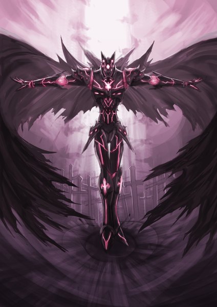Anime picture 918x1300 with haoni tall image pink eyes spread arms no people gloves armor cloak cross robot