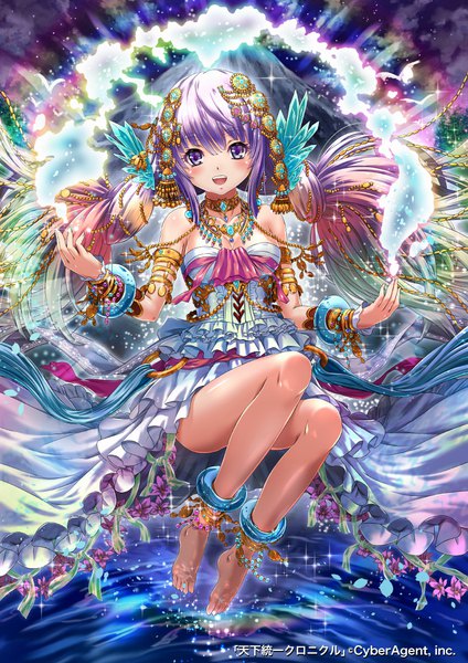 Anime picture 800x1131 with tenkuu no crystalia sakiyamama single long hair tall image looking at viewer blush fringe breasts open mouth light erotic smile hair between eyes twintails purple eyes bare shoulders payot sky cleavage purple hair
