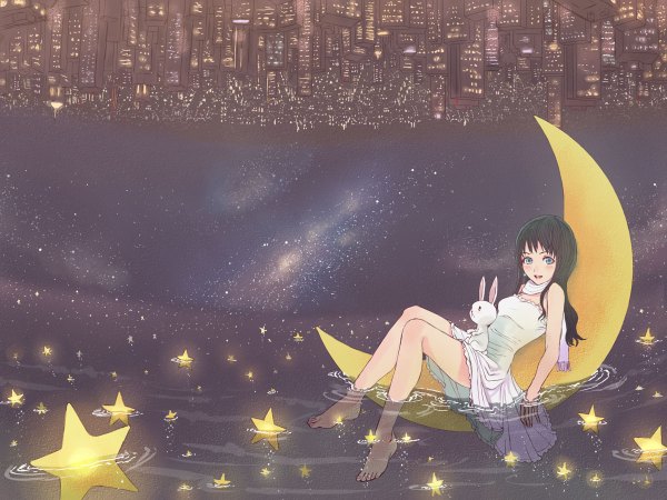 Anime picture 1200x900 with honoji single blue eyes black hair barefoot night soles cityscape crescent upside down space dress water scarf star (symbol) moon star (stars) bunny