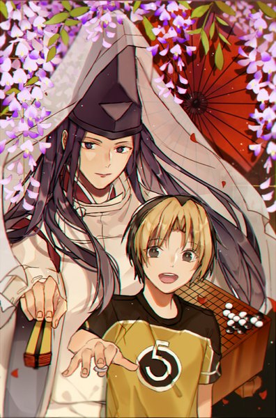 Anime picture 528x800 with hikaru no go studio pierrot fujiwara no sai shindou hikaru akiua long hair tall image looking at viewer fringe short hair open mouth black hair blonde hair smile traditional clothes japanese clothes multicolored hair black eyes two-tone hair multiple boys