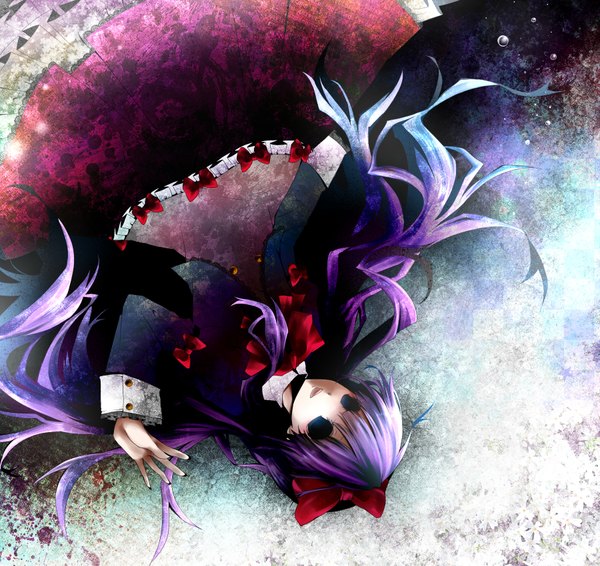 Anime picture 1800x1700 with shiki sunako kirishiki itsuya (artist) single long hair highres purple hair nail polish black eyes hollow eyes girl dress bow