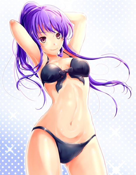 イラスト 1400x1800 と オリジナル かろかろ ソロ 長髪 長身像 カメラ目線 light erotic 笑顔 紫目 purple hair ポニーテール へそ出し 女の子 へそ 水着 ビキニ (水着) 黒ビキニ