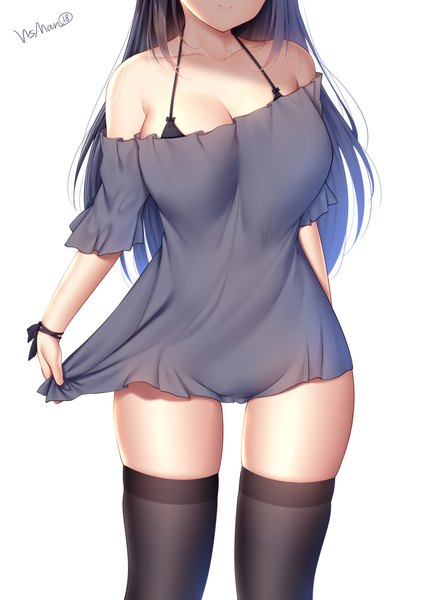 Anime picture 1272x1800 with original wsman single long hair tall image breasts light erotic black hair simple background smile large breasts standing white background bare shoulders signed payot cleavage thighs skindentation head out of frame