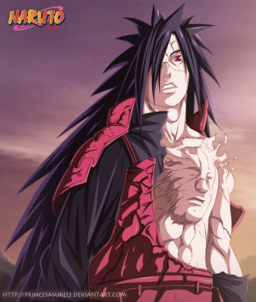 Anime picture 850x1000 with naruto studio pierrot naruto (series) uchiha madara akira-12 single long hair tall image fringe black hair red eyes sky cloud (clouds) hair over one eye inscription torn clothes coloring muscle sharingan boy