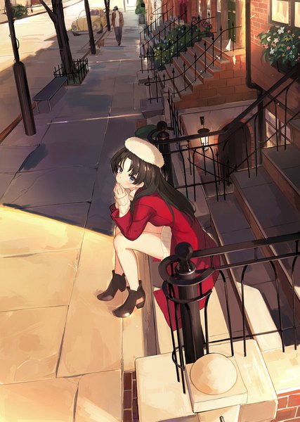 Anime picture 570x800 with fate (series) fate/stay night volkswagen toosaka rin miruto netsuki single long hair tall image looking at viewer blush blue eyes brown hair sitting bent knee (knees) outdoors bare legs chin rest casual girl plant (plants)