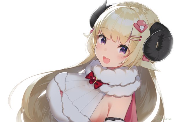 Anime picture 3000x2114 with virtual youtuber hololive tsunomaki watame tsunomaki watame (1st costume) nyasunyadoora single long hair looking at viewer highres breasts open mouth simple background blonde hair large breasts white background purple eyes signed upper body :d horn (horns)