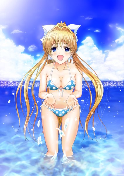 Anime picture 1000x1414 with air key (studio) kamio misuzu single long hair tall image blush breasts open mouth blue eyes light erotic blonde hair sky cloud (clouds) ponytail girl navel ribbon (ribbons) swimsuit hair ribbon